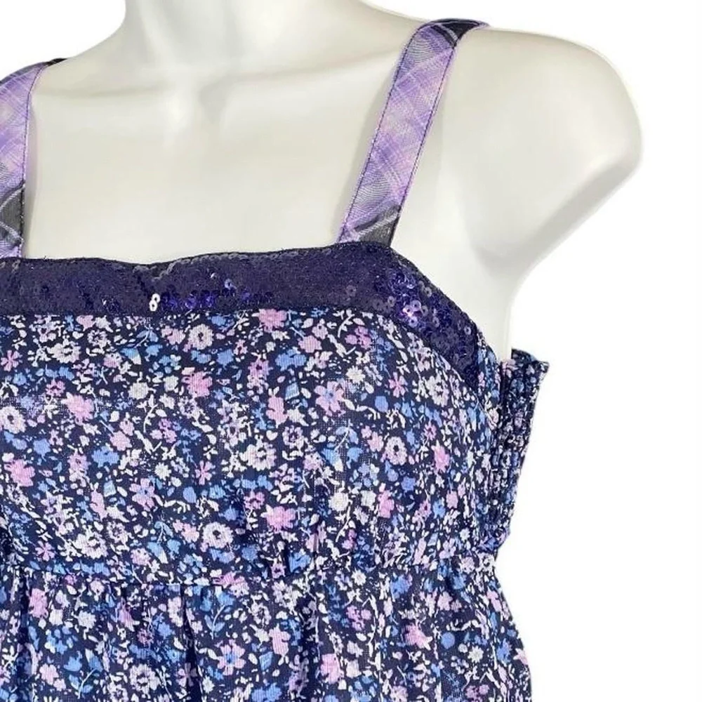 JUSTICE Y2K Fairy Babydoll Top Ditsy Floral Purple Sequin Ruffles Youth Girls 16
